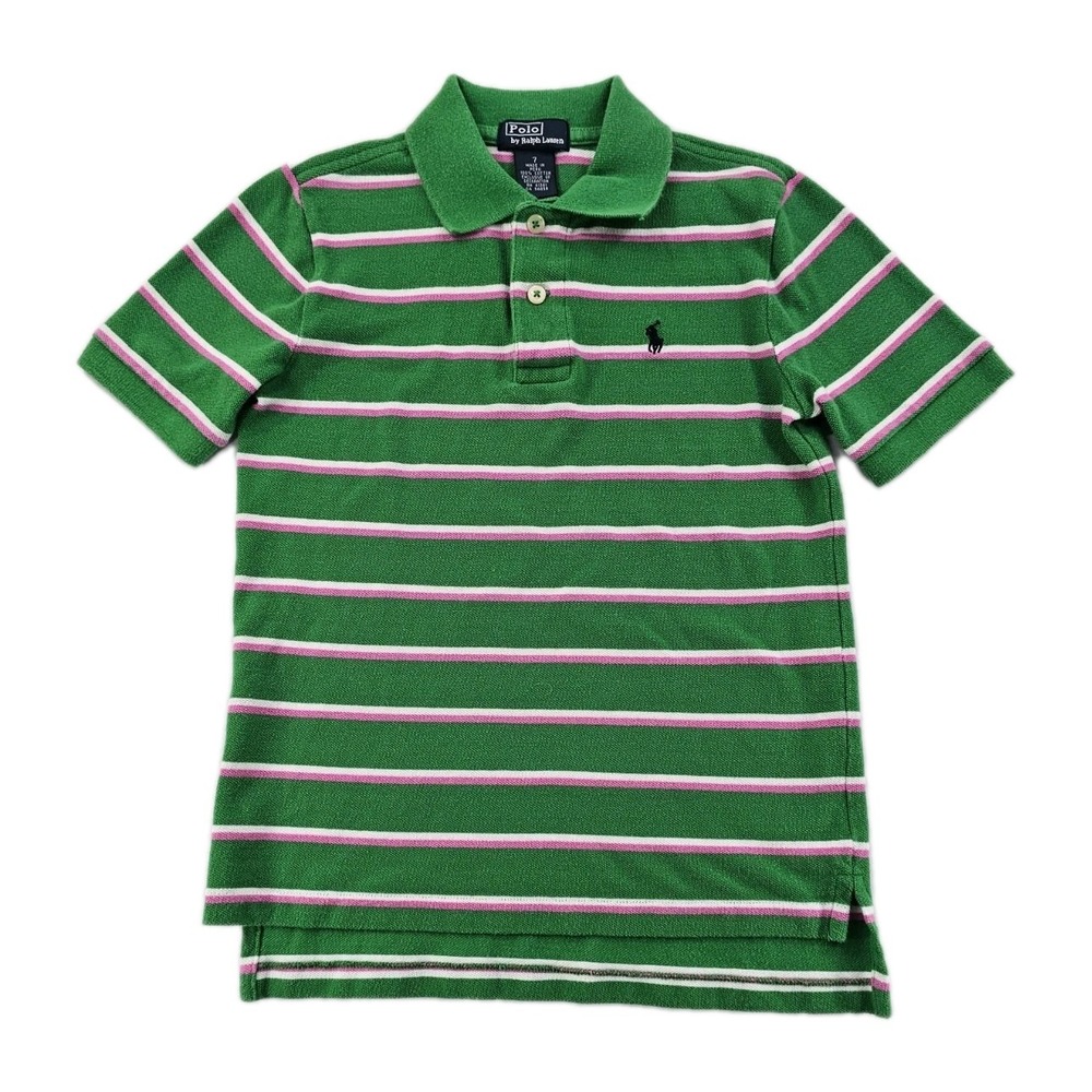Vtg Polo Ralph Lauren Kids Boys 7 Green White Pink Striped Shirt Navy Blue Pony
